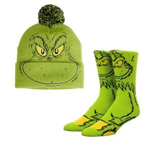 Dr. Seuss The Grinch Who Stole Christmas Pom Beanie Hat and Character Crew Socks